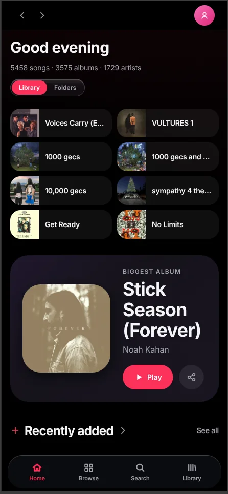 Aubade on a phone: the same home page in two columns, with a floating tab bar along the bottom.